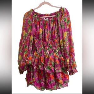 Caroline Constas Dahlia Off The Shoulder DRESS Pink Coral Multi Sm Silk